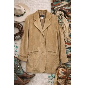 Womens Vintage Suede Leather Blazer Tan Longline Western Boho Terry Lewis 1X